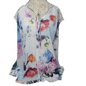 Daniel Rainn 1X Lace Sheer Lightweight Floral Front Tie Tassel Top